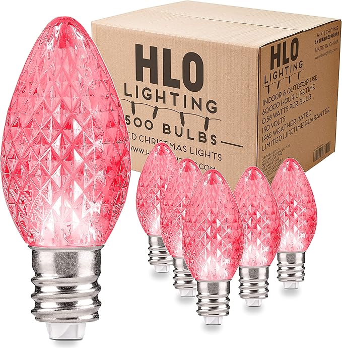 Holiday Lighting Outlet Faceted C7 Christmas Lights | Pink LED Light Bulbs Holiday Decoration | Warm Christmas Decor for Indoor & Outdoor Use | 2 SMD LEDs in Each Light Bulb | Set of 500