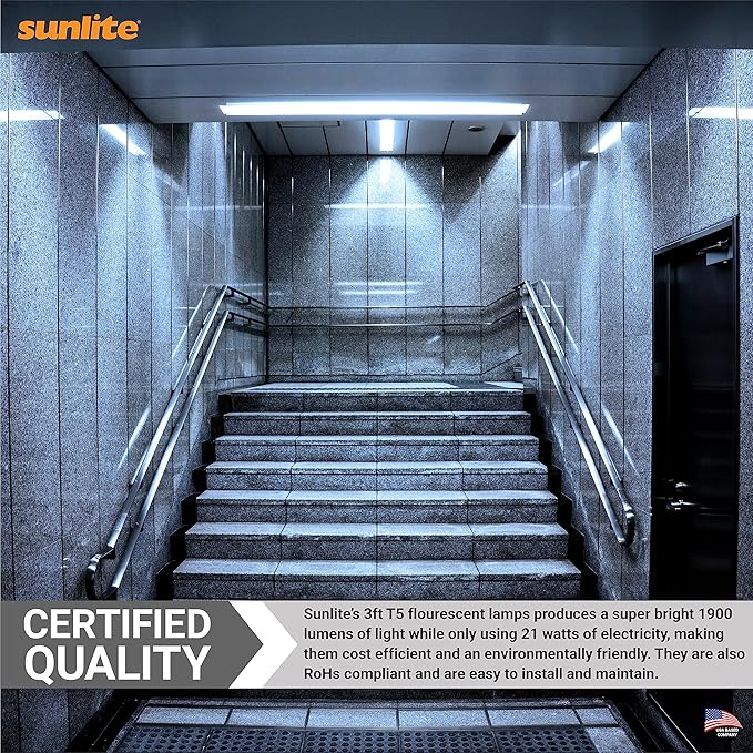 Sunlite 30322 F21T5/850 3 Foot T5 Linear Fluorescent Lamp, 21 Watts, 1900 Lumens, 5000K Daylight, Miniature G5 Bi-Pin Base, ROHS Compliant, High Performance Straight Tube, 40 Pack